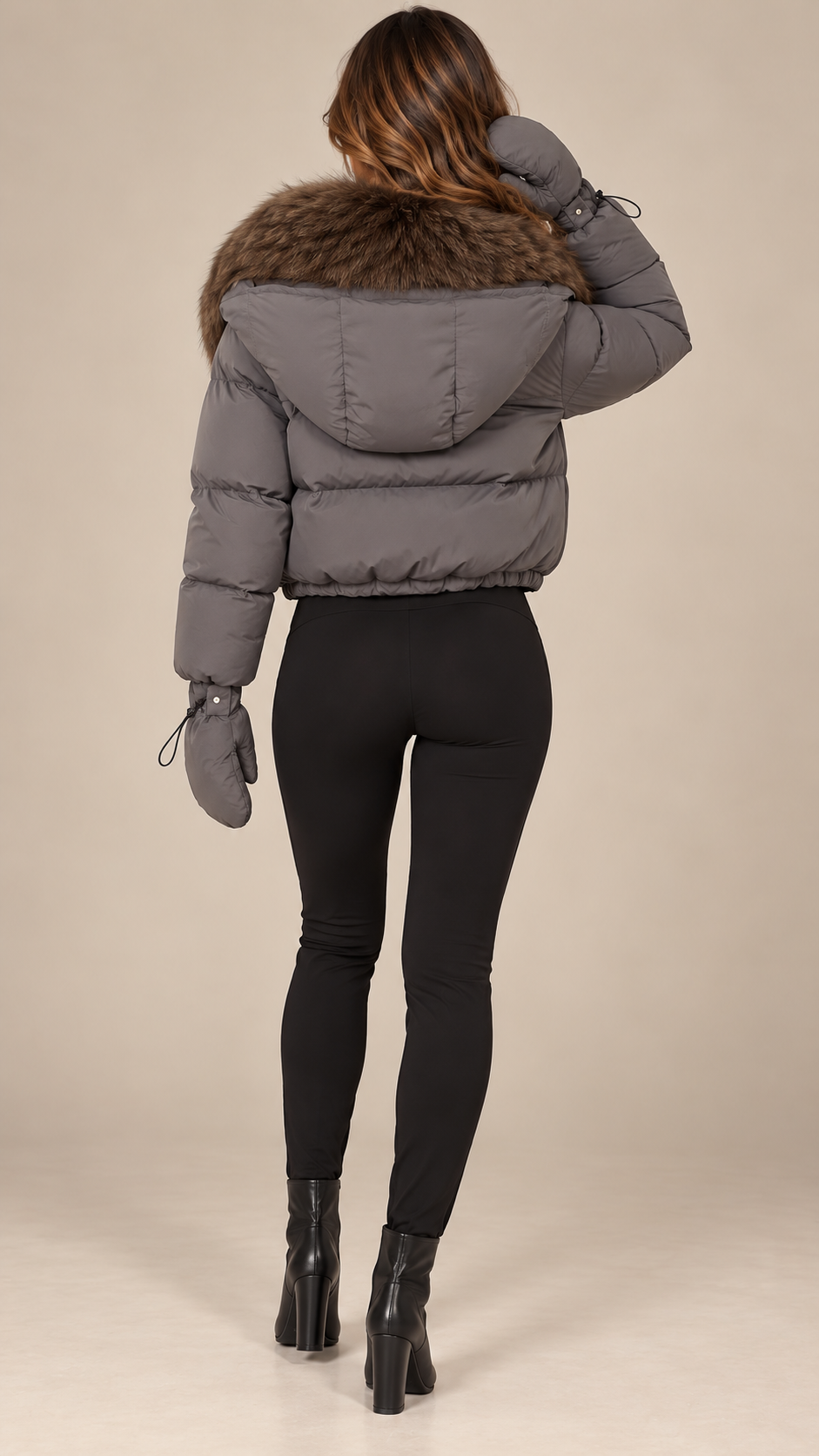 Anastasia Fox-Stole Hooded Puffer — Gray & Coffee model back
