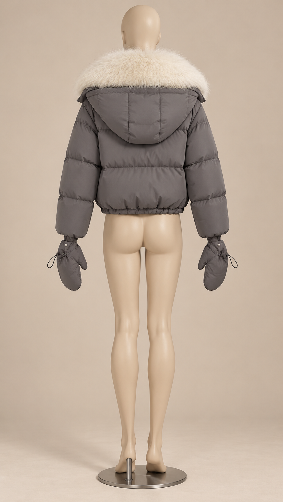 Anastasia Fox-Stole Hooded Puffer — Gray & Ivory mannequin back