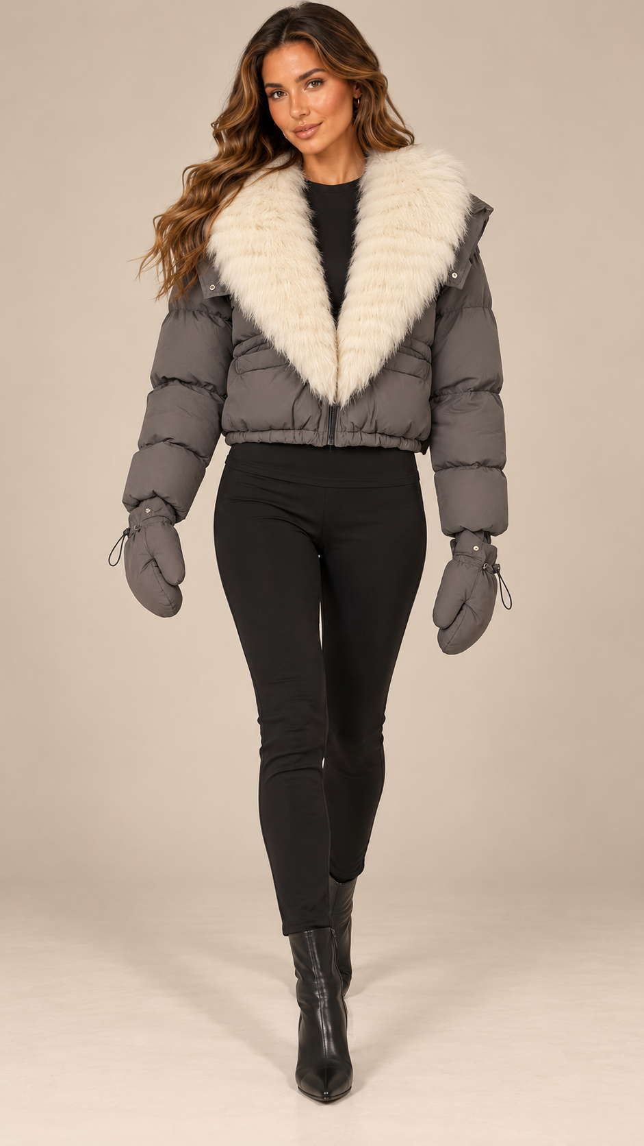 Anastasia Fox-Stole Hooded Puffer — Gray & Ivory model front