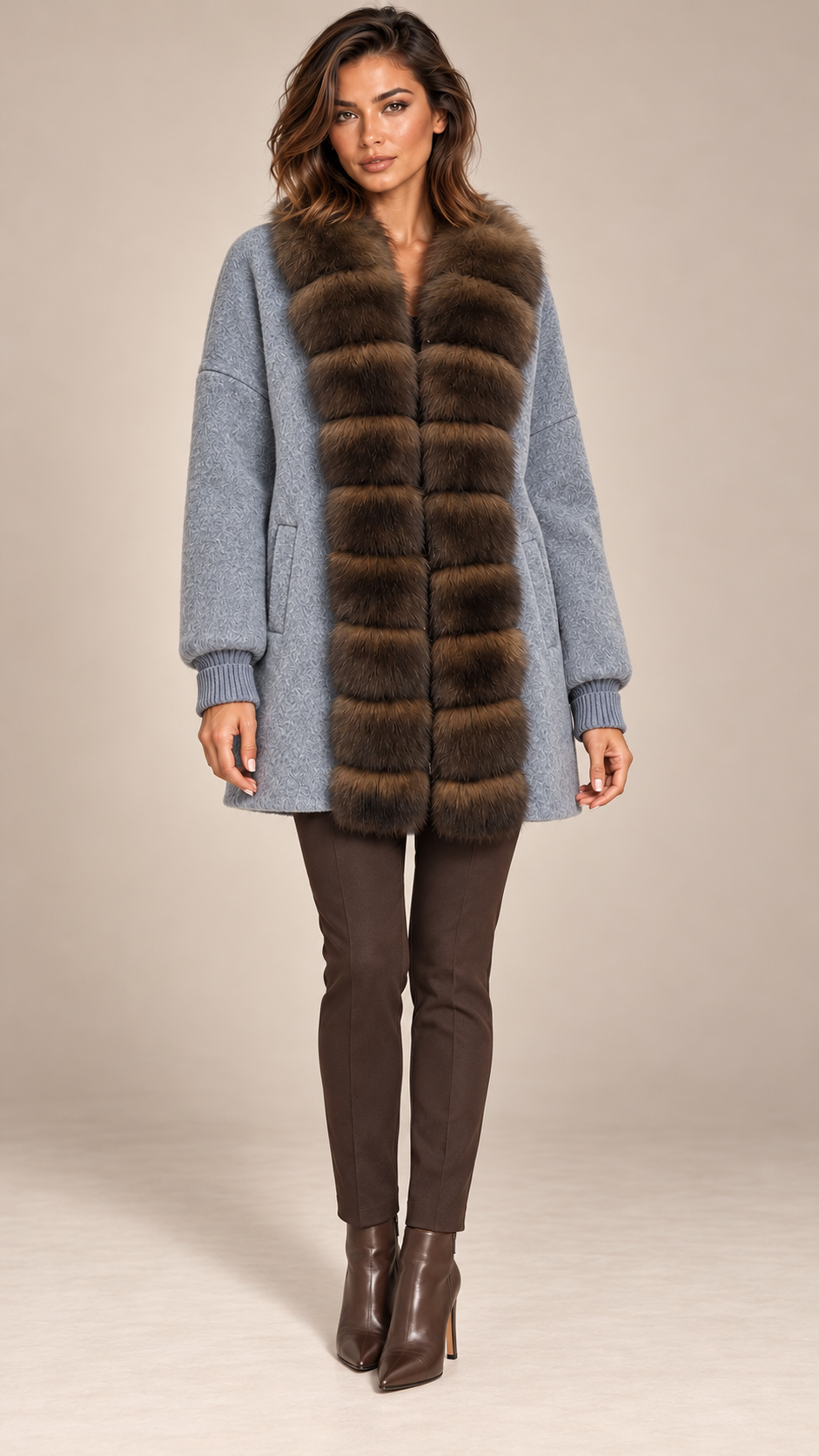 Rhiannon Fur-Placket Coat — Gray blue model front