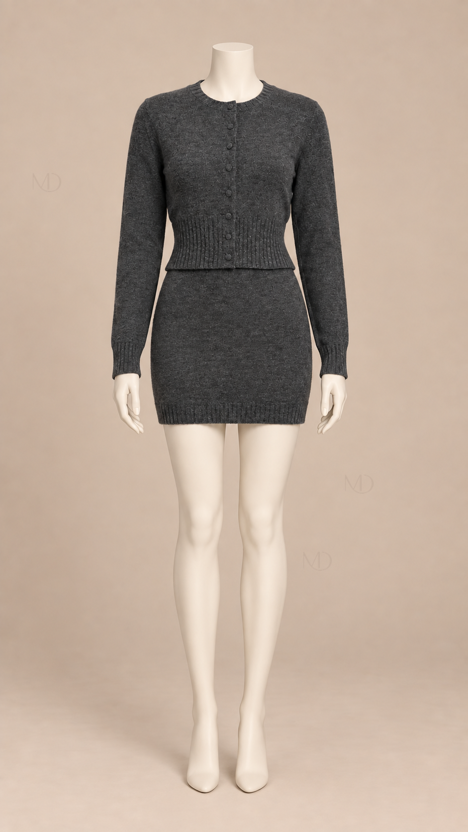 Nadia Knit Cardigan Skirt Set — Gray mannequin front