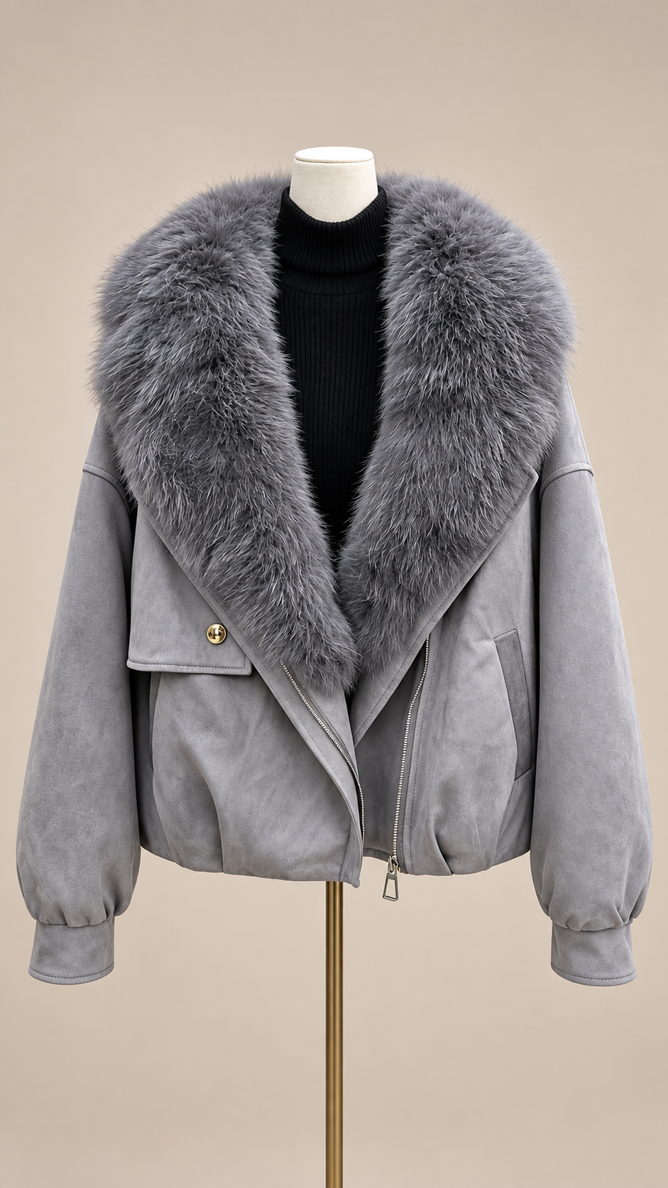 Ines Fox Fur Moto Jacket — Gray mannequin front