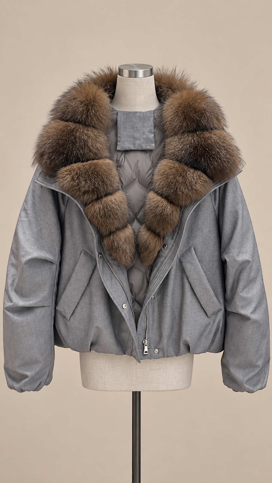 Seraphine Fur-Collar Puffer — Gray mannequin front
