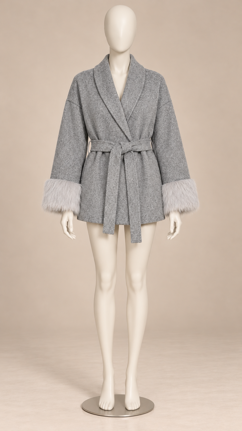 Larissa Fur-Cuff Wrap Coat — Gray mannequin front