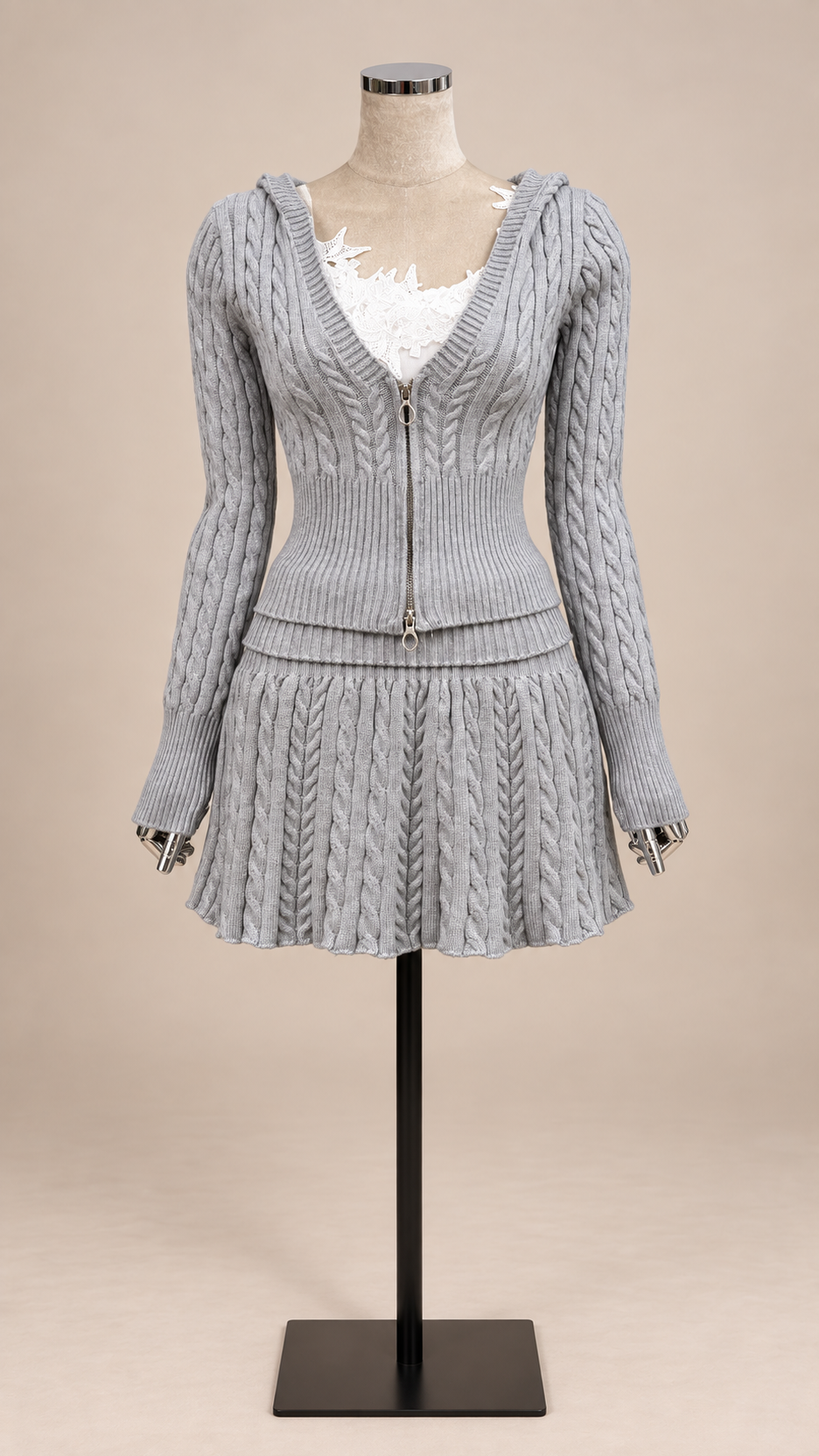 Elowen Hooded Knit Set — Gray mannequin front