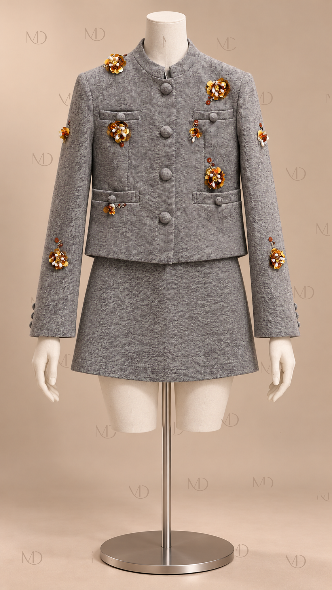 Odette Beaded Wool Skirt Suit — Gray mannequin front