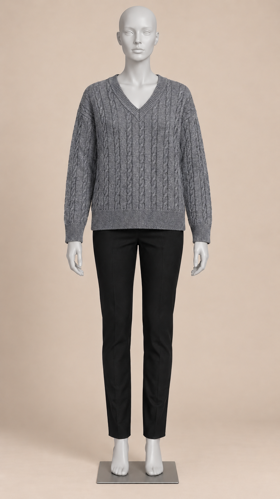Marit Cable V-Neck Sweater — Gray mannequin front