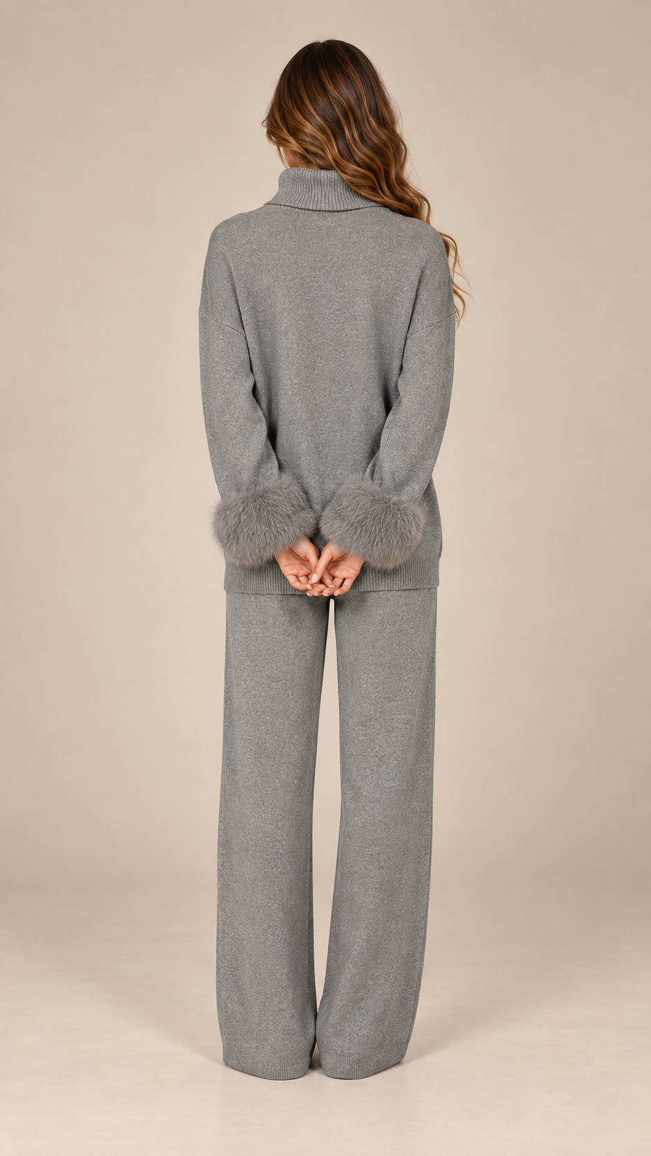 Noor Fur-Pom Knit Set — Gray model back