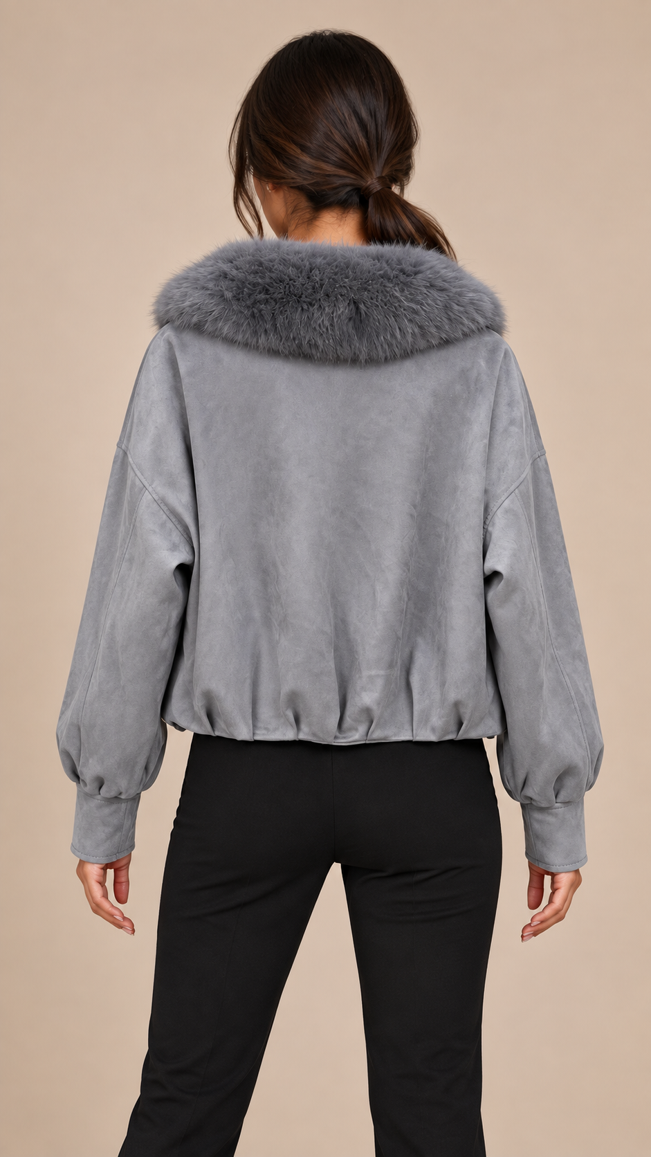 Ines Fox Fur Moto Jacket — Gray model back