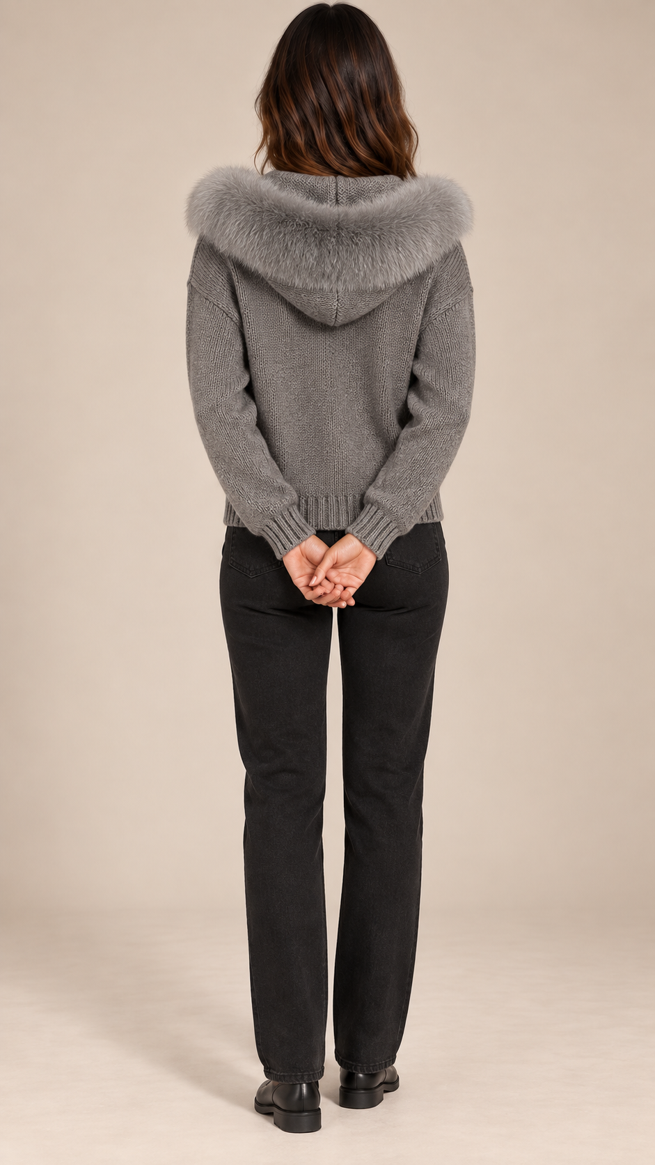 Sable Fox-Collar Cardigan — Gray model back
