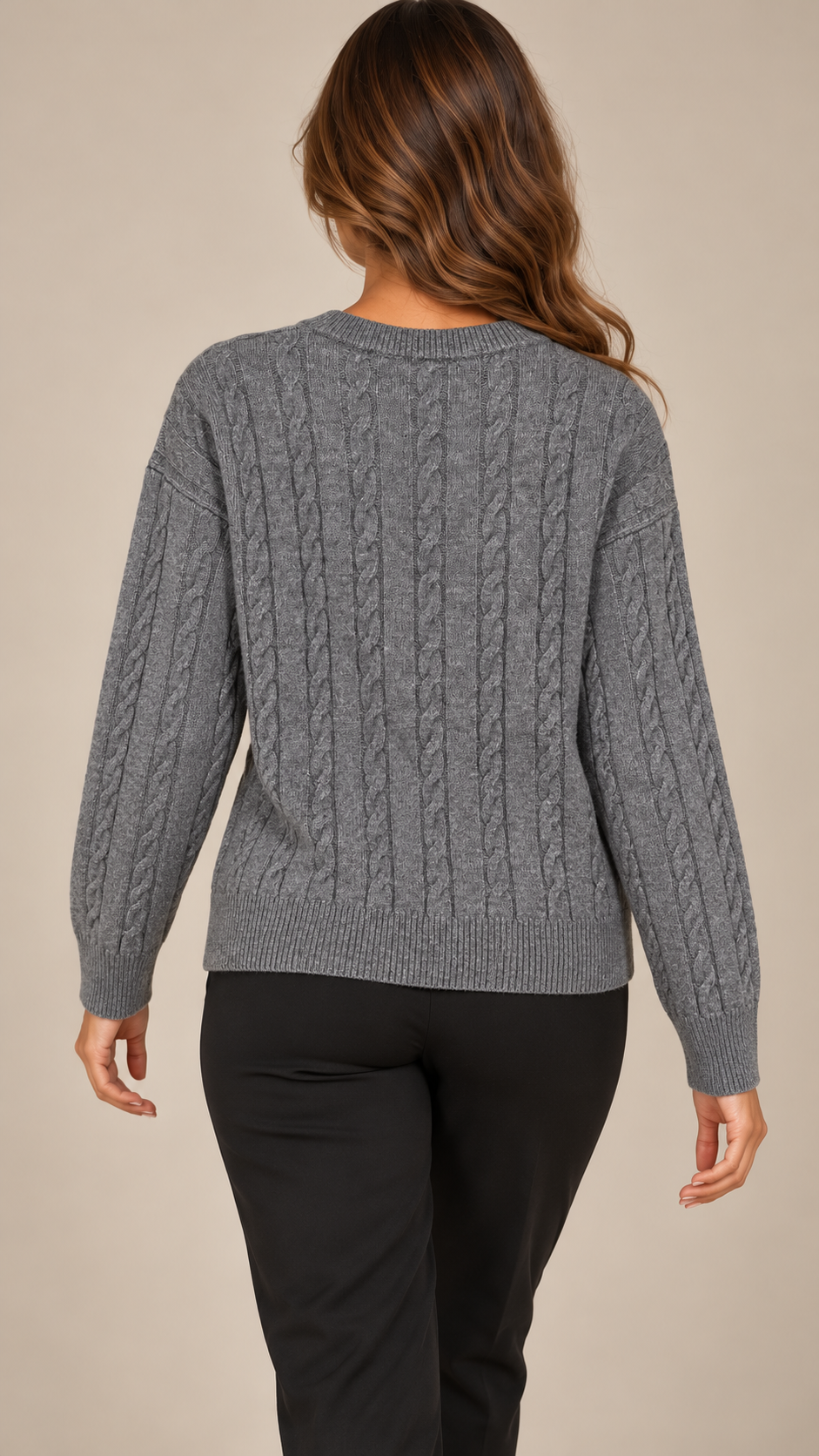 Marit Cable V-Neck Sweater — Gray model back