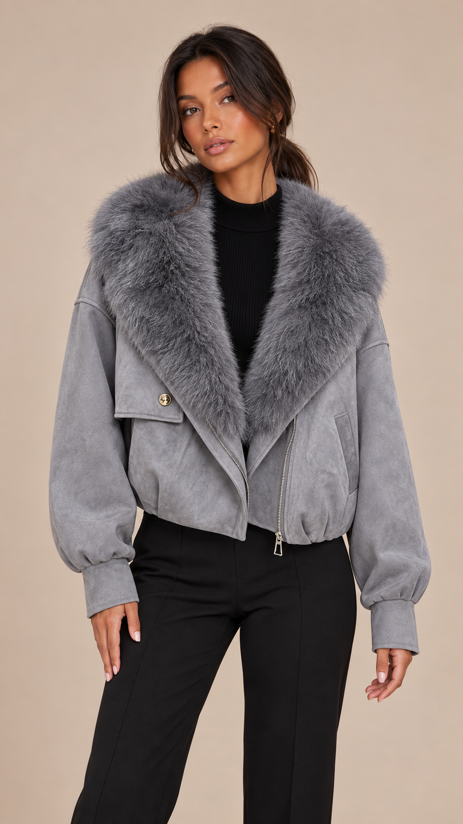 Ines Fox Fur Moto Jacket — Gray model front