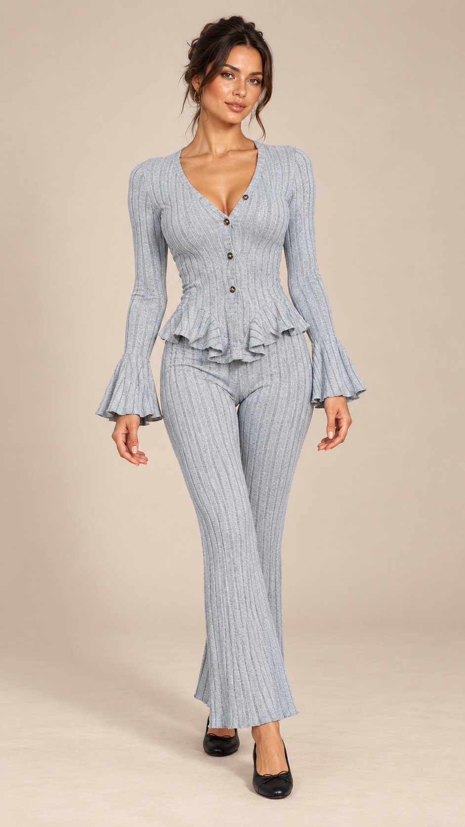 Pascaline Bell-Sleeve Set — Gray model front