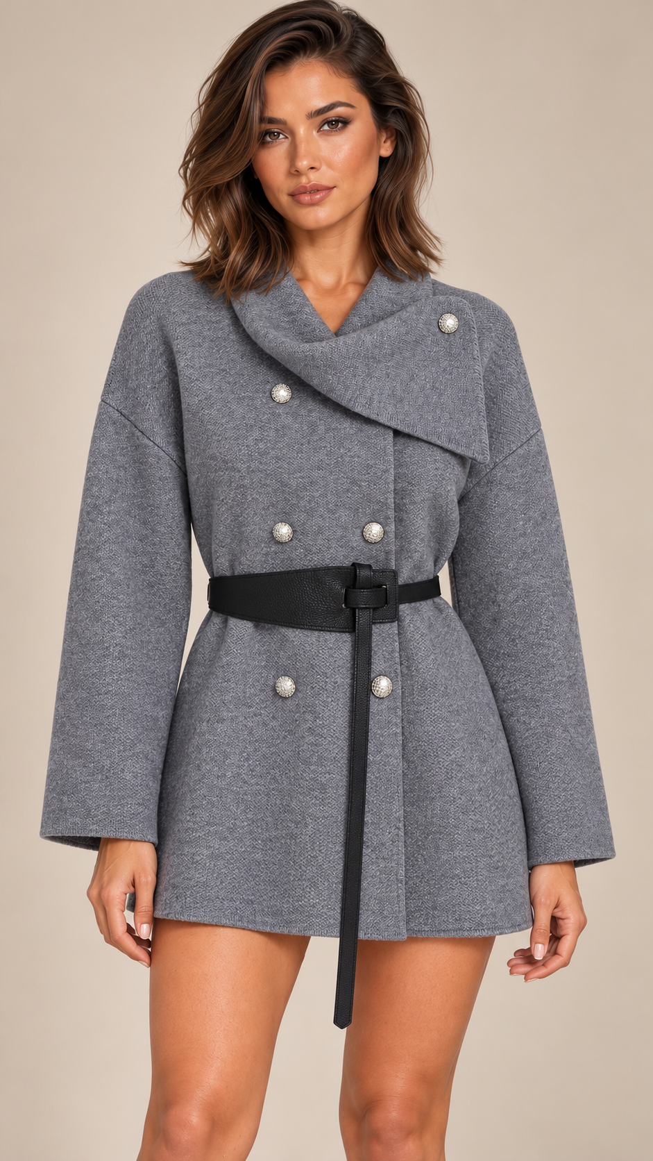 Philippine Sash-Belt Cardigan — Gray model front