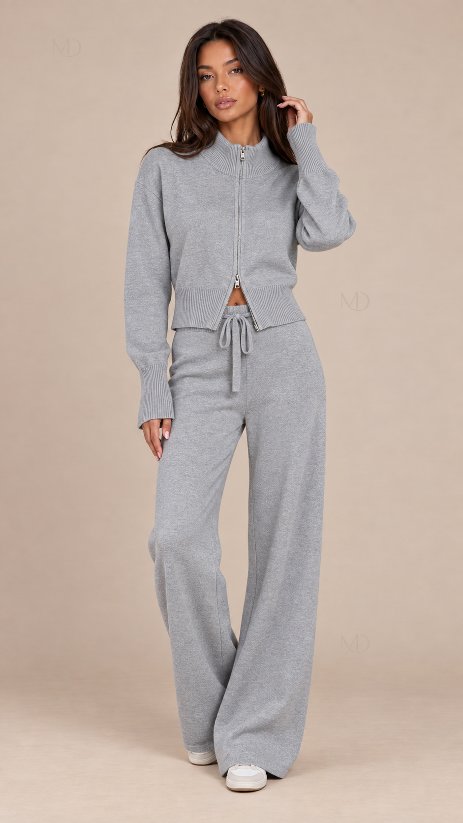 Sienna Double Zip Knit Set — Gray model front