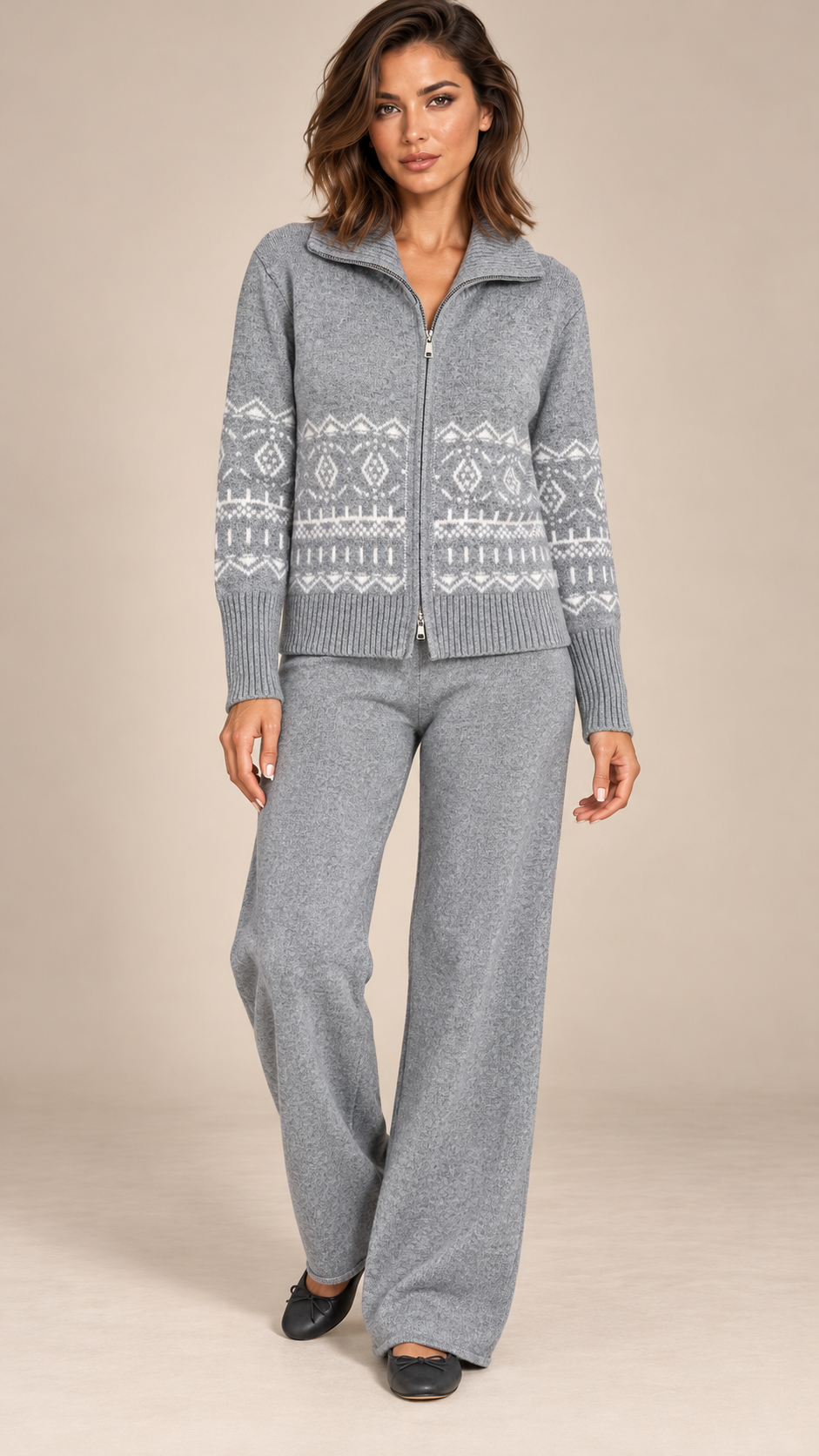 Ingeline Fair Isle Knit Set — Gray model front