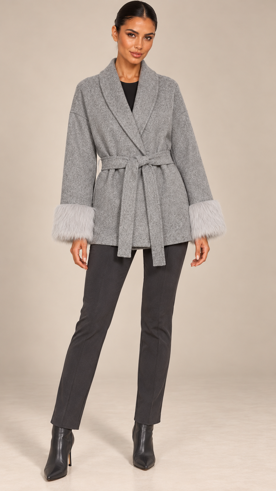 Larissa Fur-Cuff Wrap Coat — Gray model front