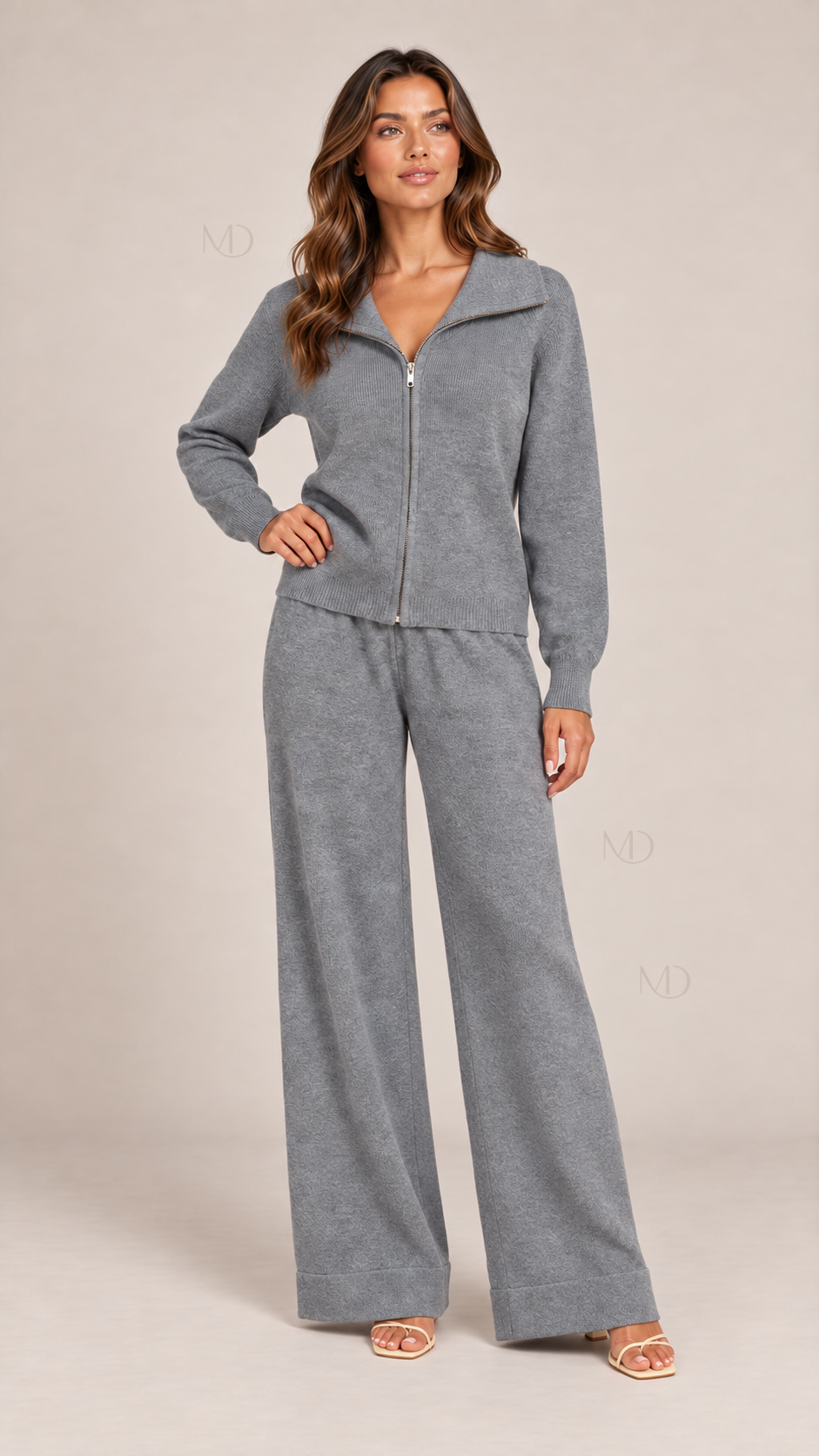 Elise Zip Cardigan Pants Set — Gray model front