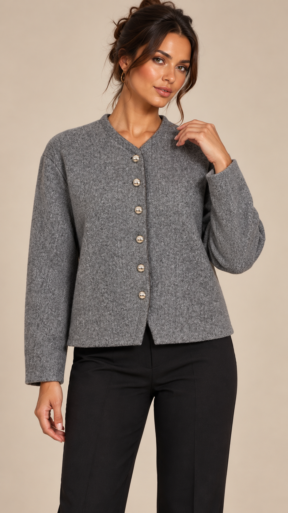 Adelaide Shank-Button Cardigan — Gray model front