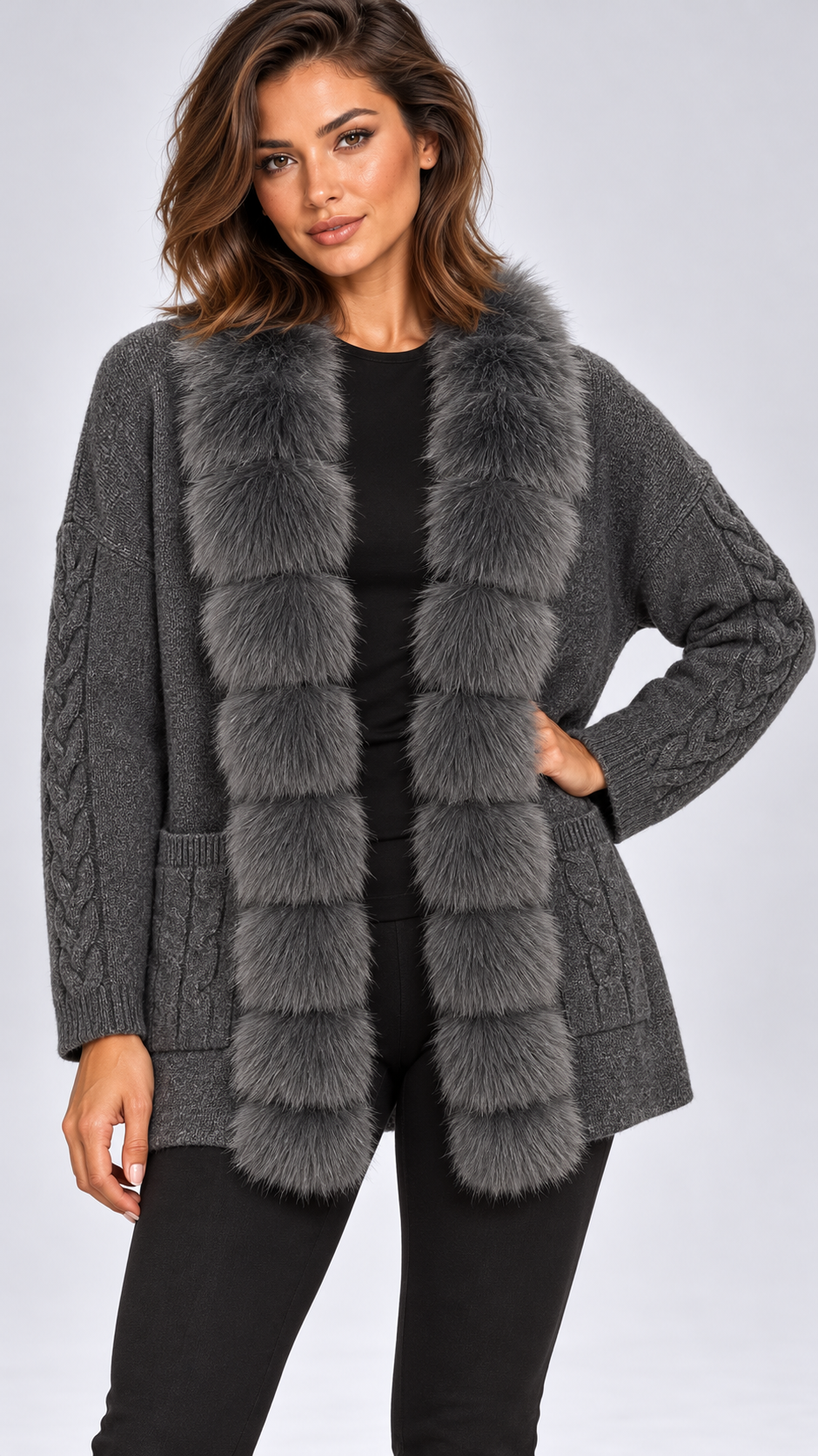 Maribelle Plush-Front Cardigan — Gray model front