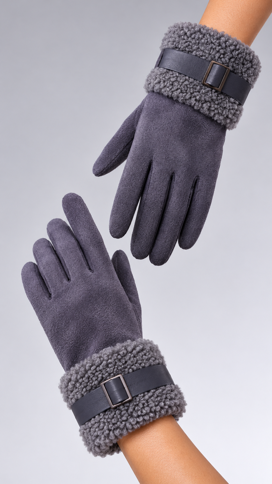 Annelise Shearling-Cuff Gloves — Gray worn closeup