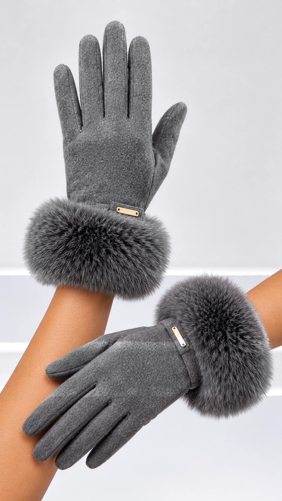 Albertine Plush-Cuff Gloves — Gray worn closeup