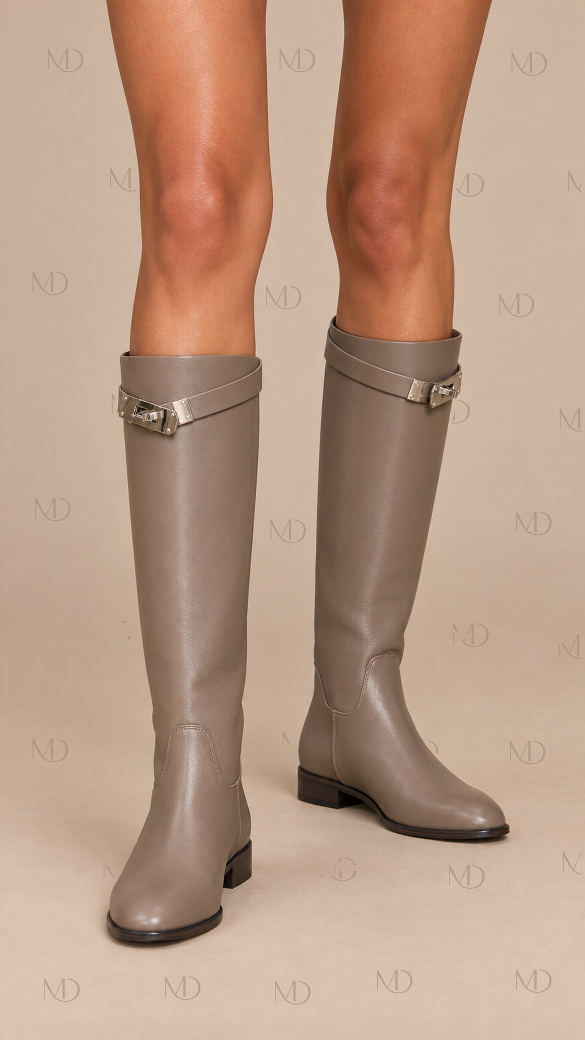 Harlow Buckle Riding Boots — Gray worn closeup