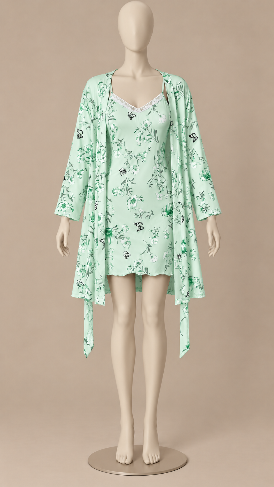 Corinna Butterfly Robe Set — Green Floral mannequin front