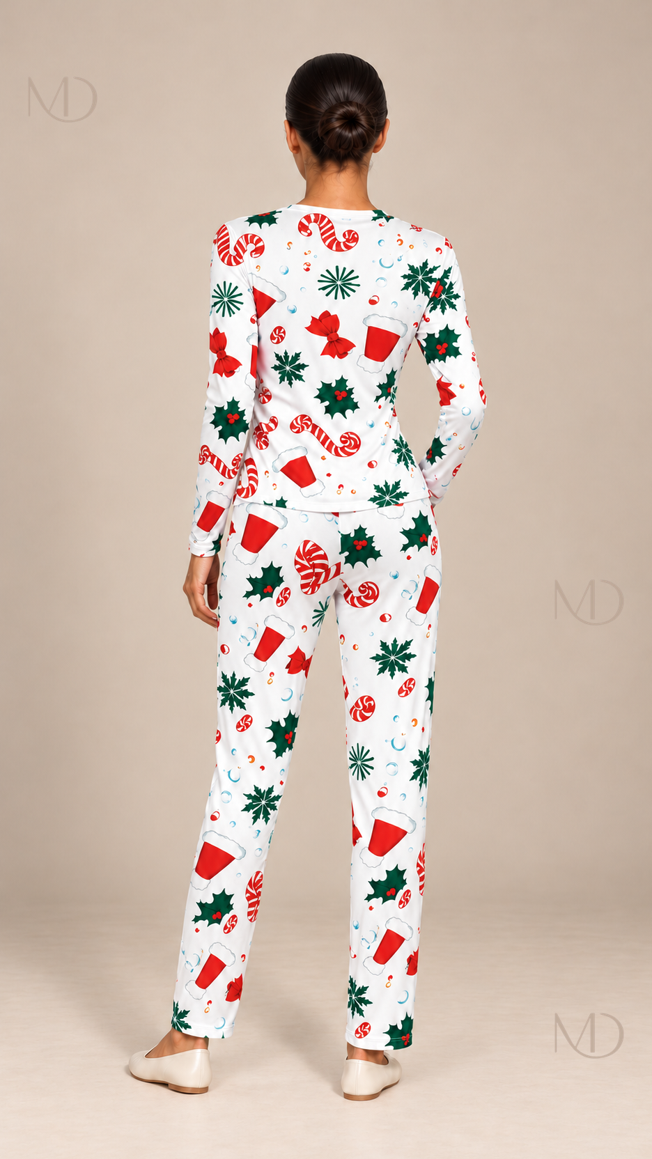 Marlowe Candy-Cane Pajama Set — Green flowers on white background model back