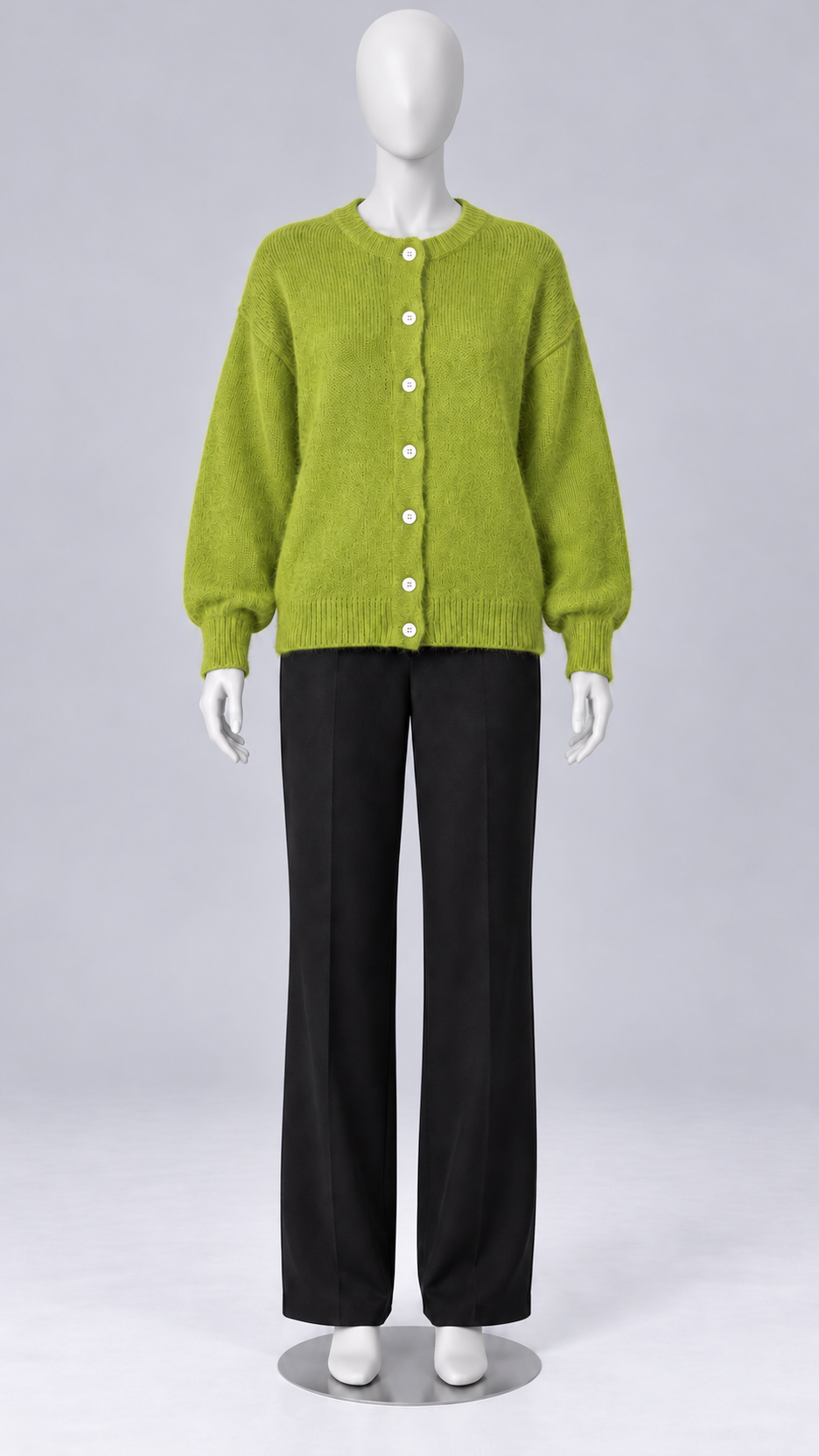 Celestine Shell-Button Cardigan — Green mannequin front