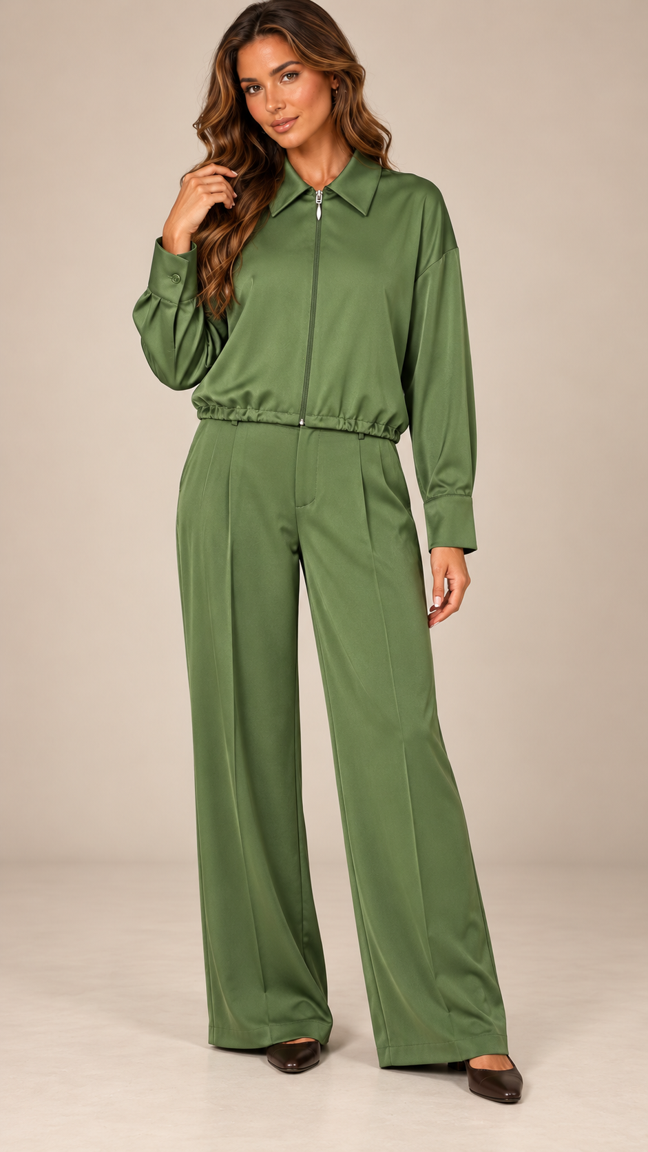 Marisa Zip-Collar Set — Green model front