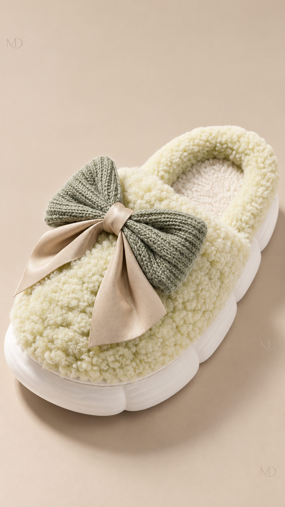 Primrose Bow Plush Slippers — Green shoe detail