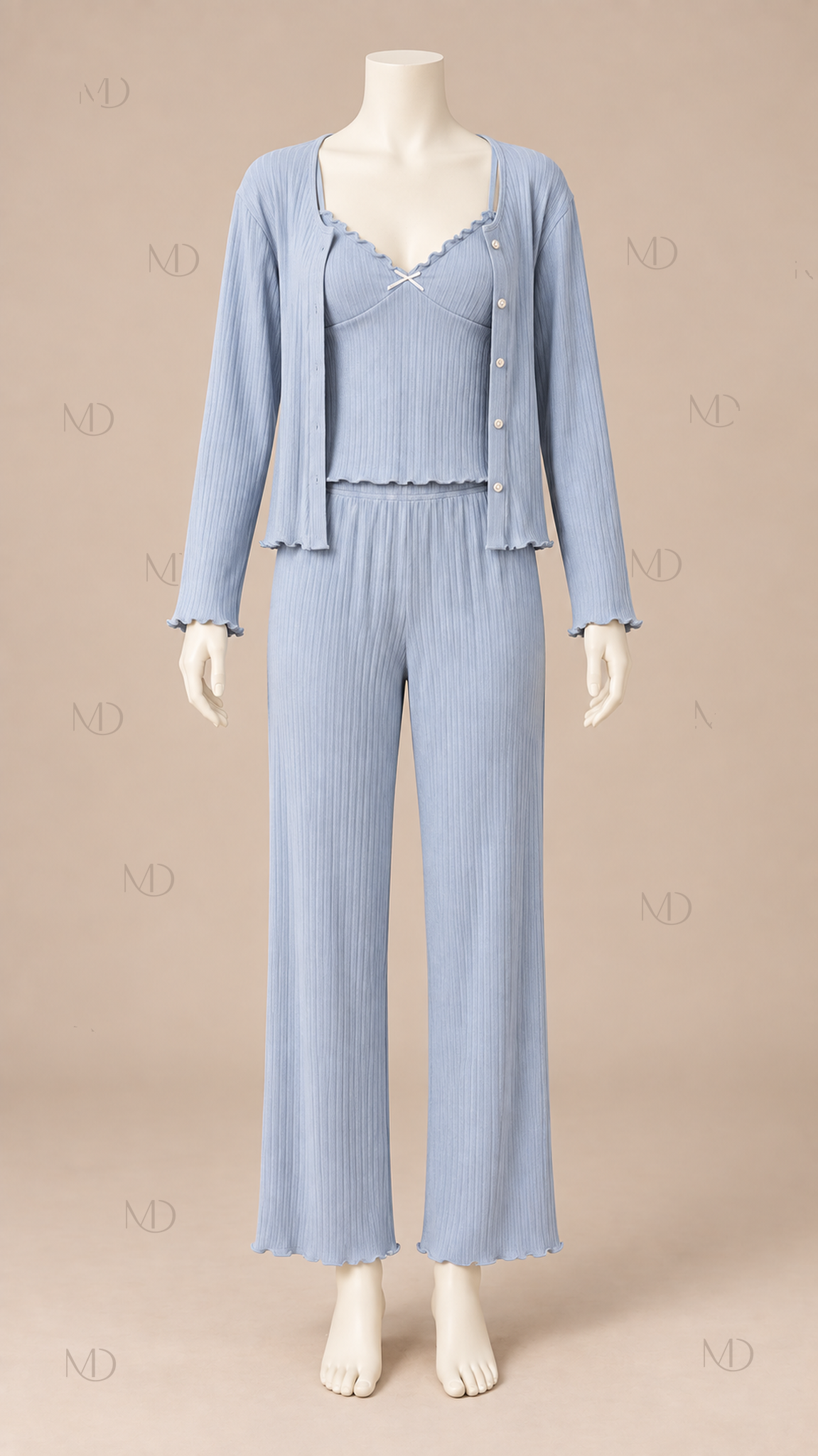 Elowen Knit Three-Piece Pajama Set — Haze Blue mannequin front
