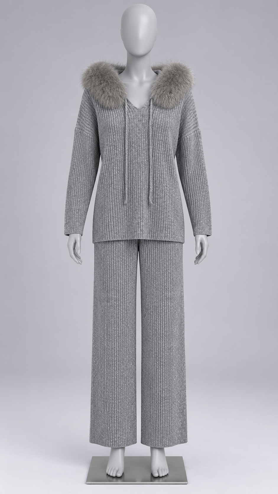 Wilma Fox-Hood Knit Set — Heather Gray mannequin front