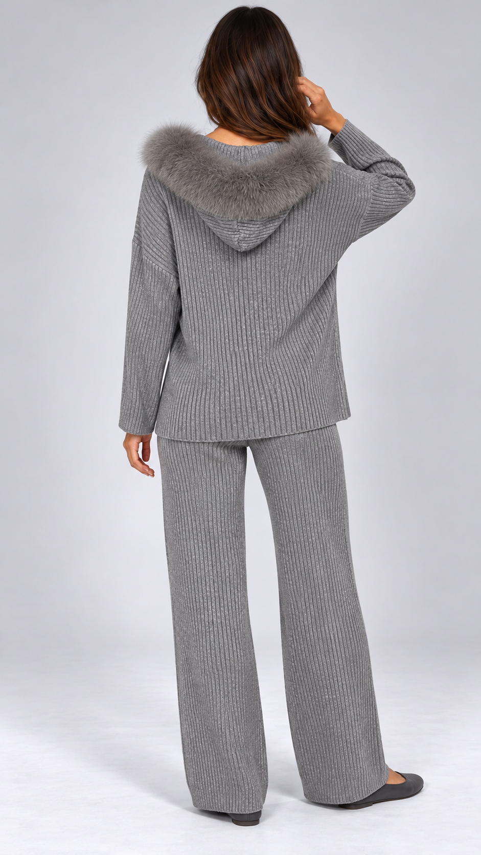 Wilma Fox-Hood Knit Set — Heather Gray model back
