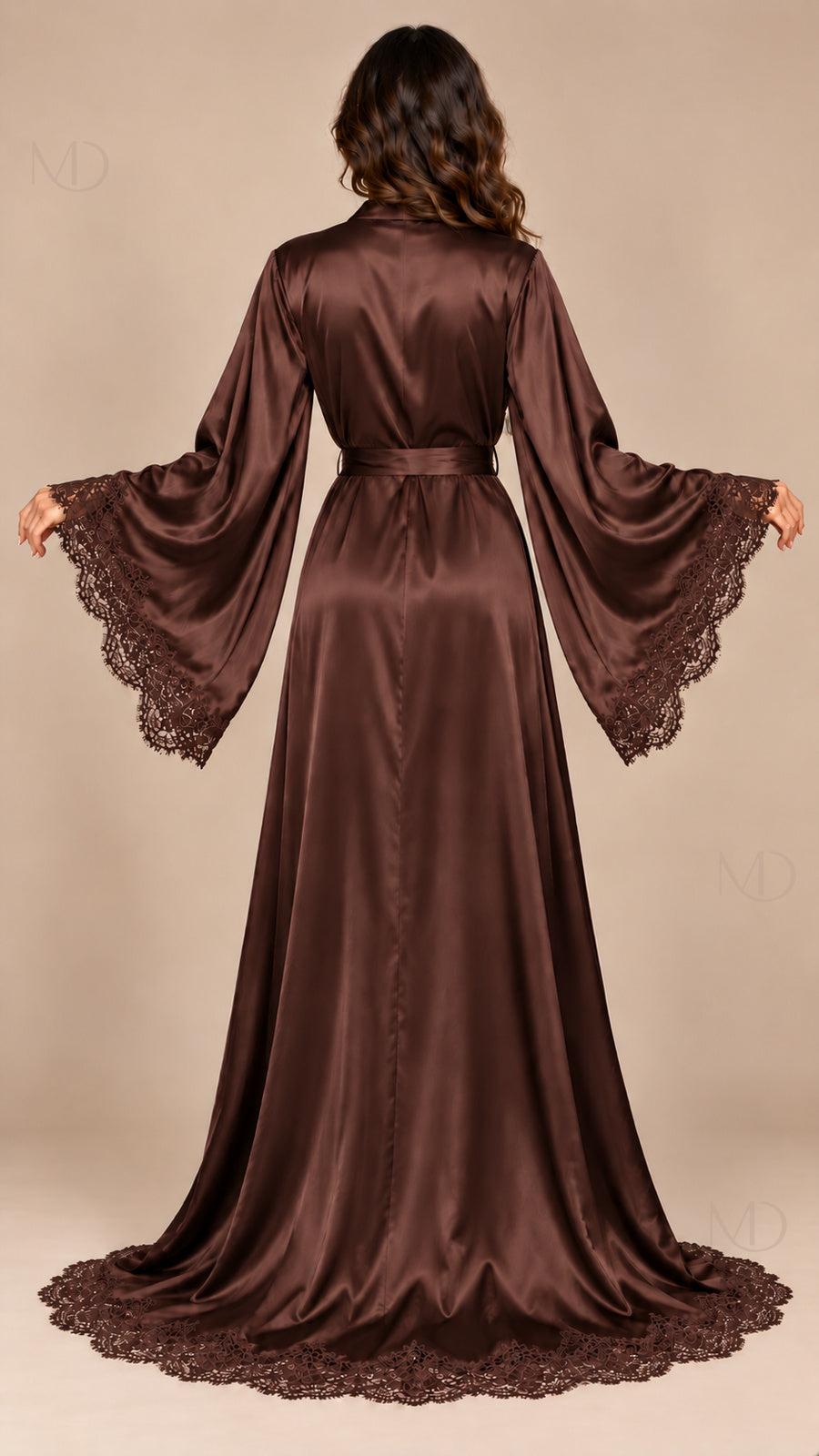 Isolde Lace Satin Robe chocolate model back