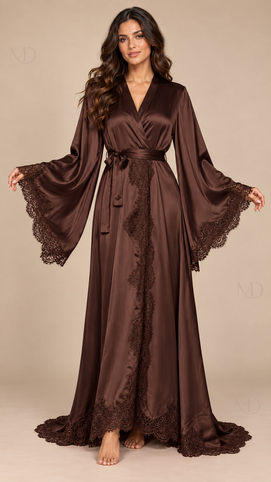 Isolde Lace Satin Robe chocolate model front