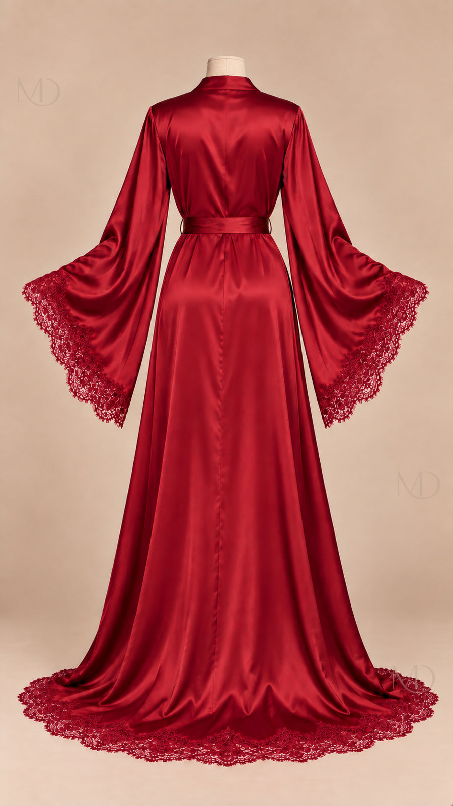 Isolde Lace Satin Robe wine red mannequin back