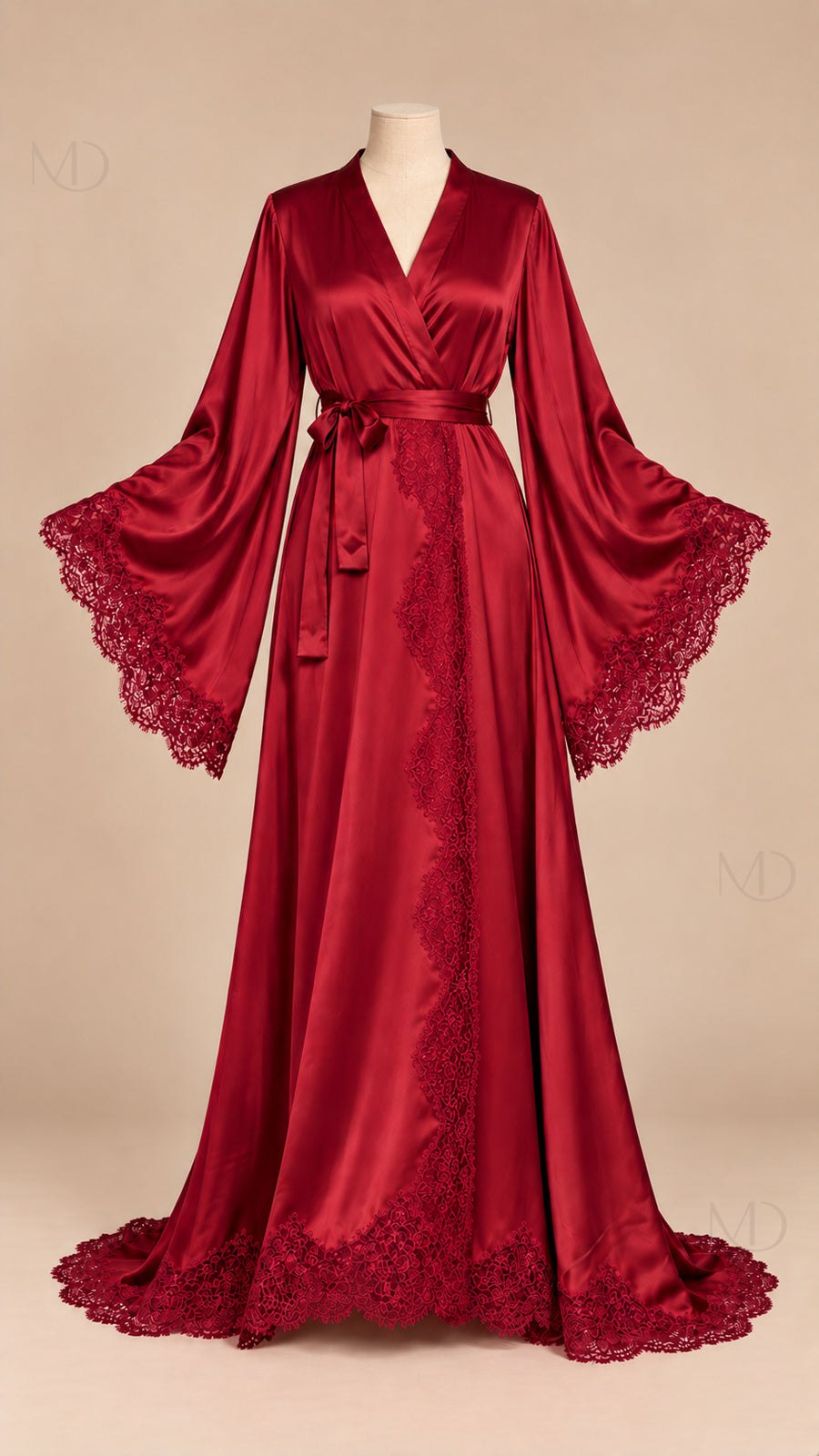 Isolde Lace Satin Robe wine red mannequin front