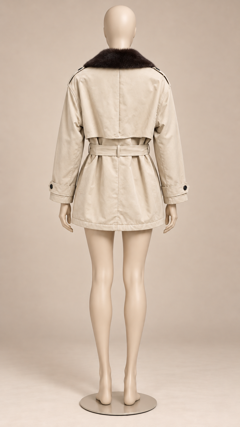 Brienne Mink-Lapel Trench — khaki mannequin back