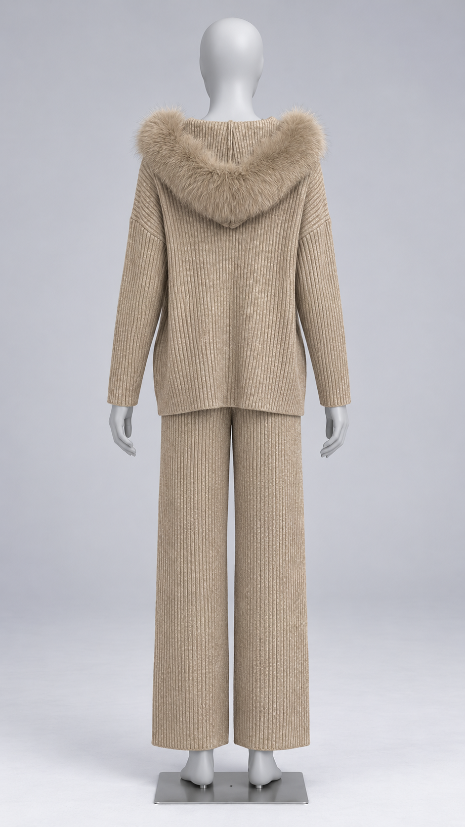 Wilma Fox-Hood Knit Set — khaki mannequin back