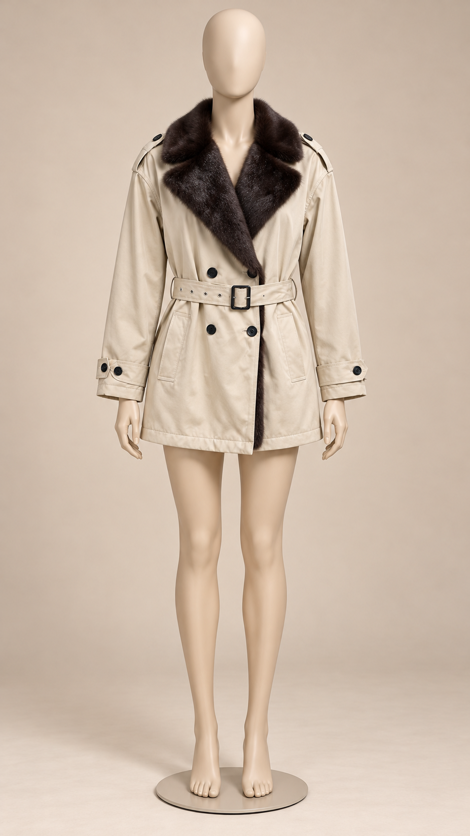 Brienne Mink-Lapel Trench — khaki mannequin front