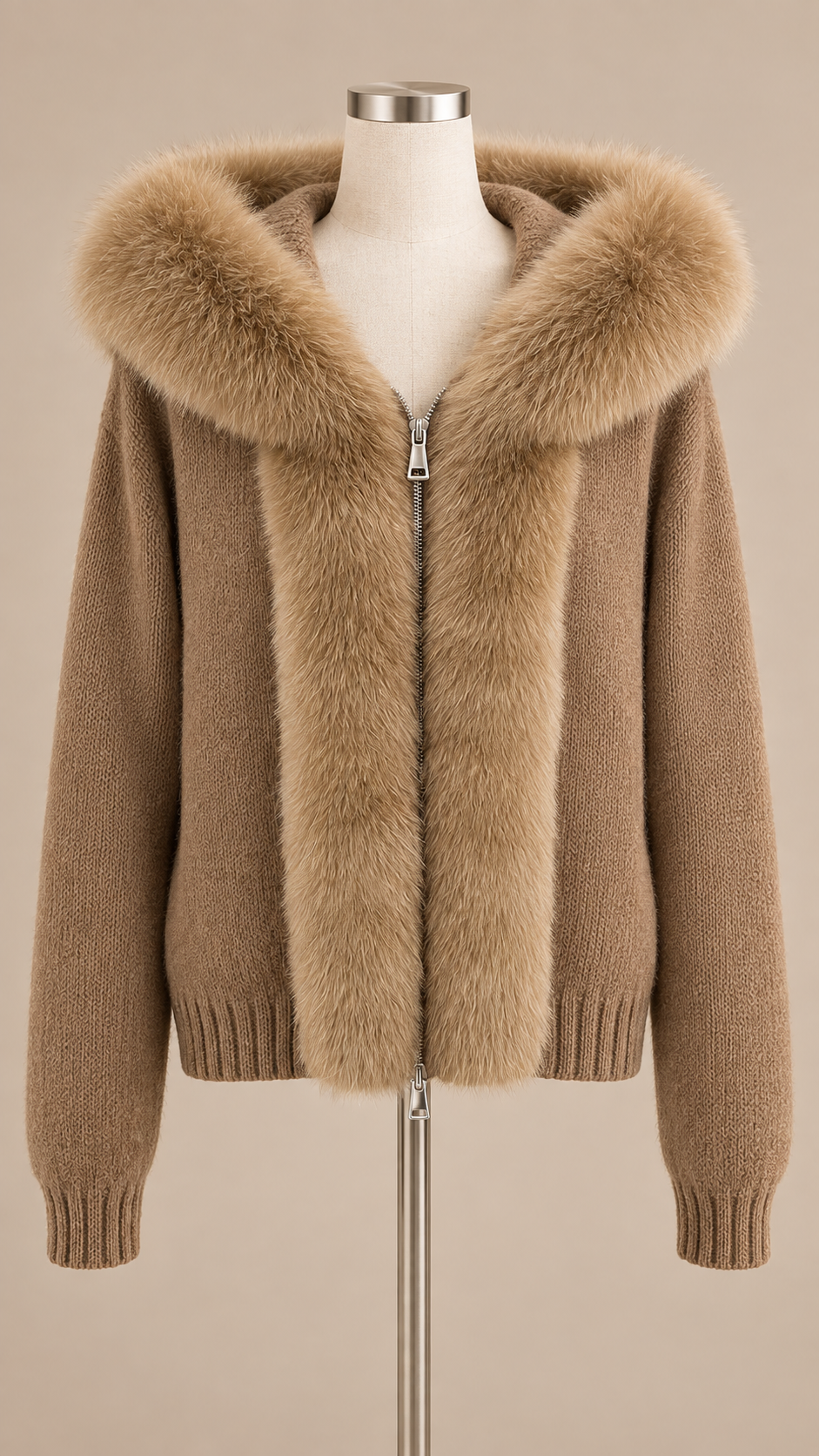 Sable Fox-Collar Cardigan — khaki mannequin front