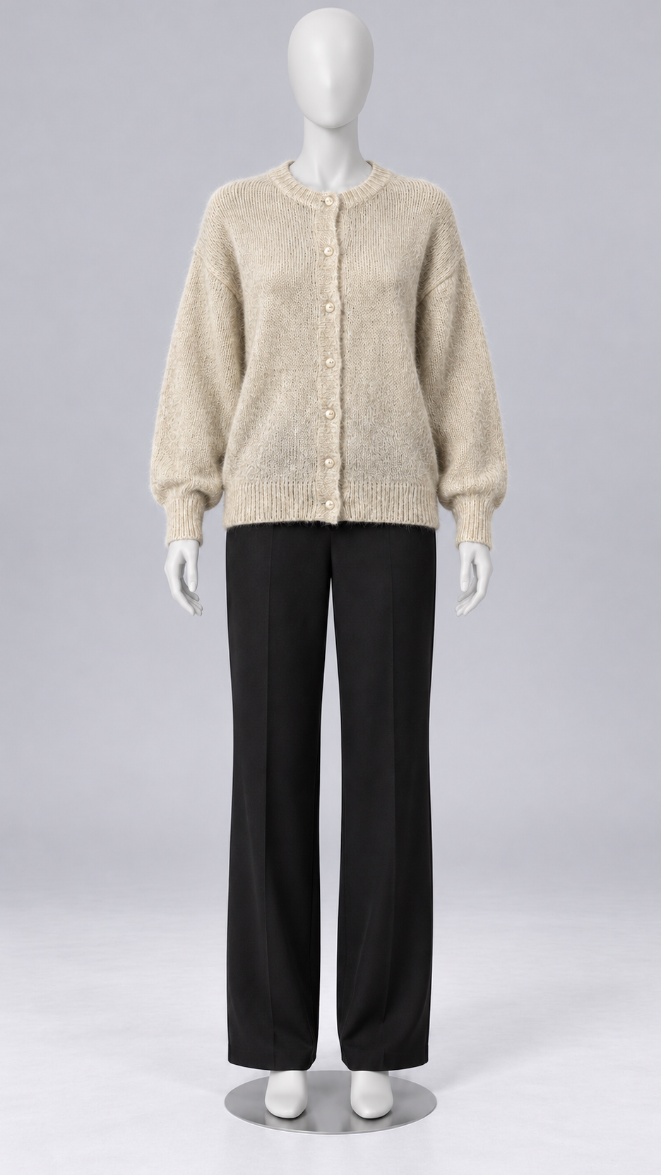 Celestine Shell-Button Cardigan — khaki mannequin front