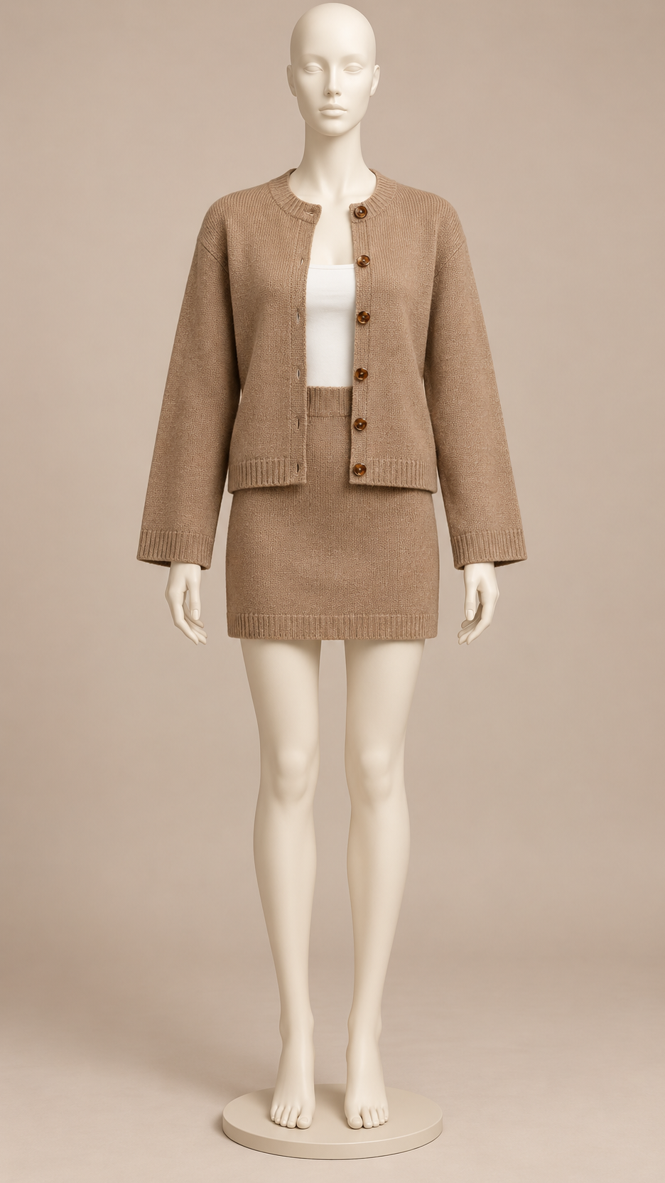 Brisinda Tortoise-Button Knit Set — khaki mannequin front