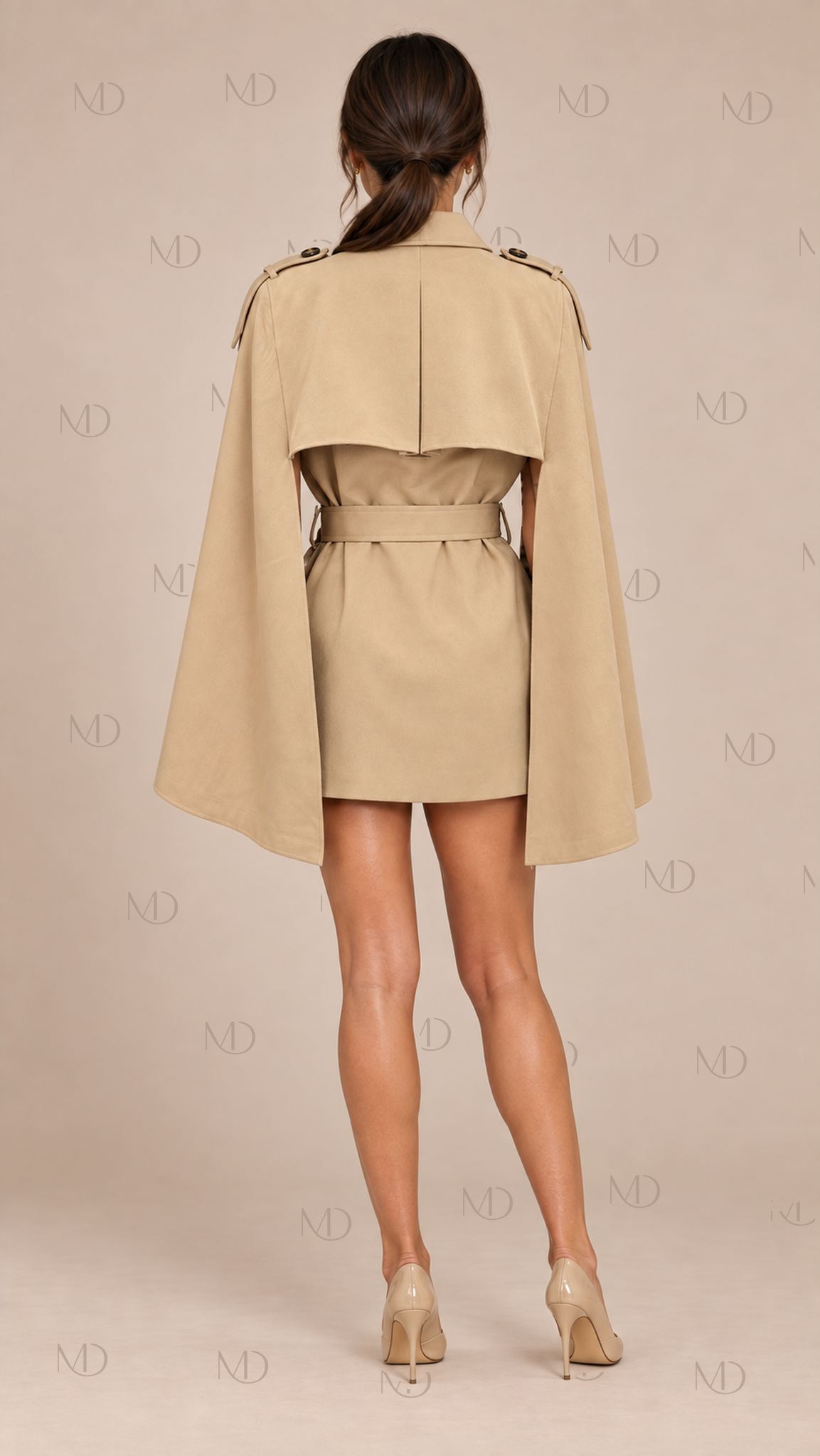 Camille Belted Cape Trench — khaki model back