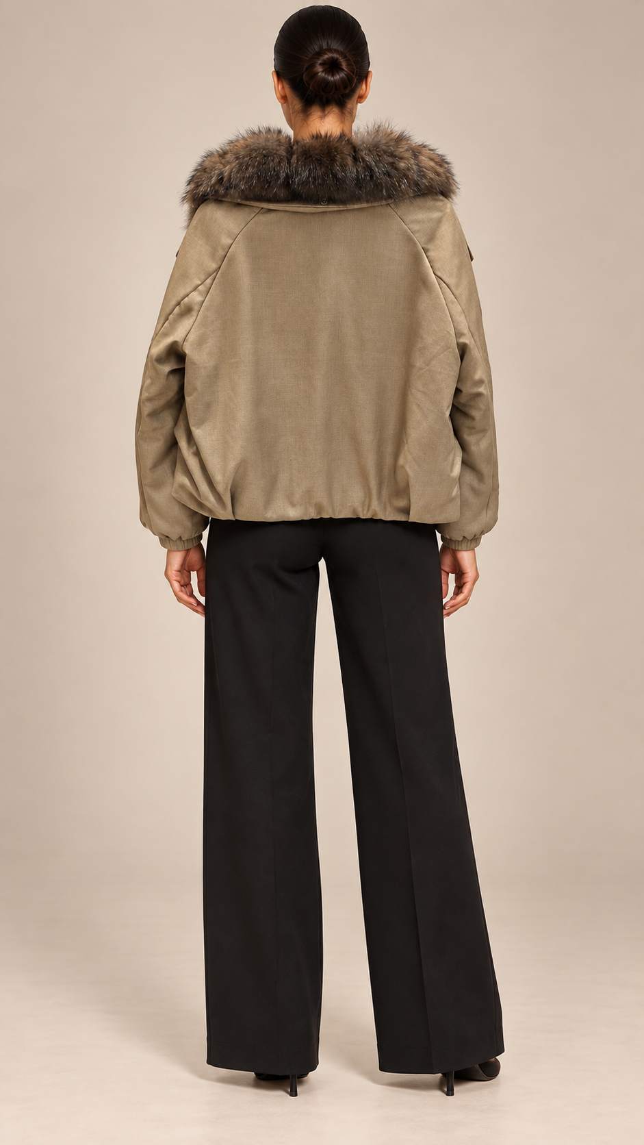 Seraphine Fur-Collar Puffer — khaki model back