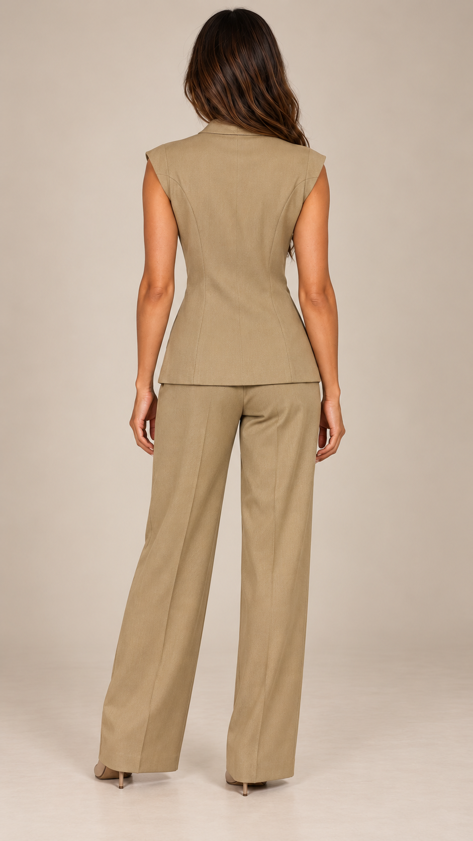 Rosalind Double-Breasted Vest Set — khaki model back