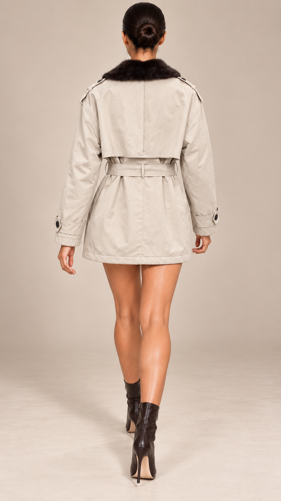 Brienne Mink-Lapel Trench — khaki model back