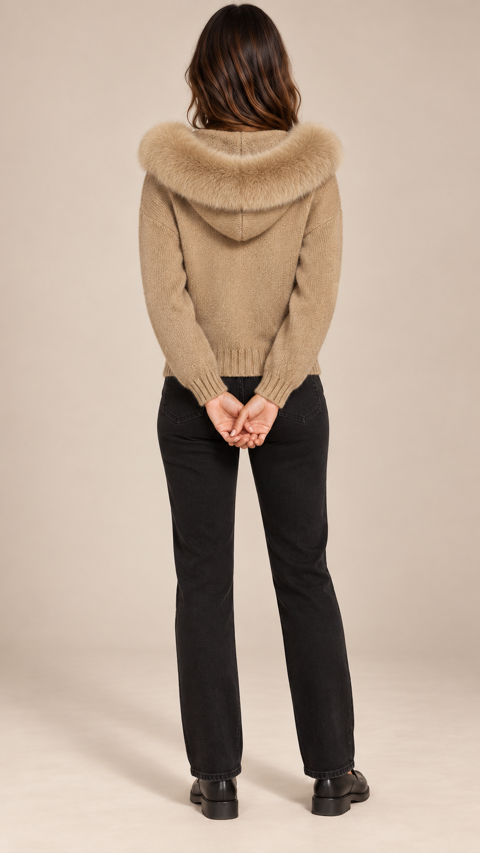 Sable Fox-Collar Cardigan — khaki model back
